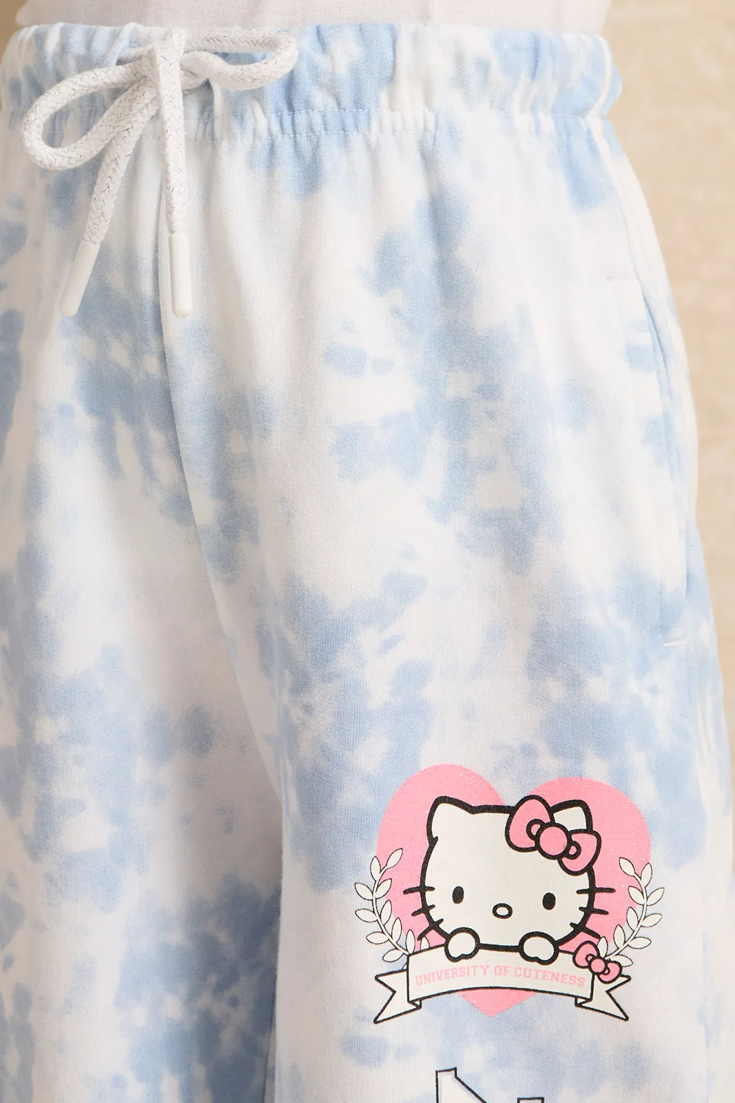 Girls White And Blue Printed Track Pants