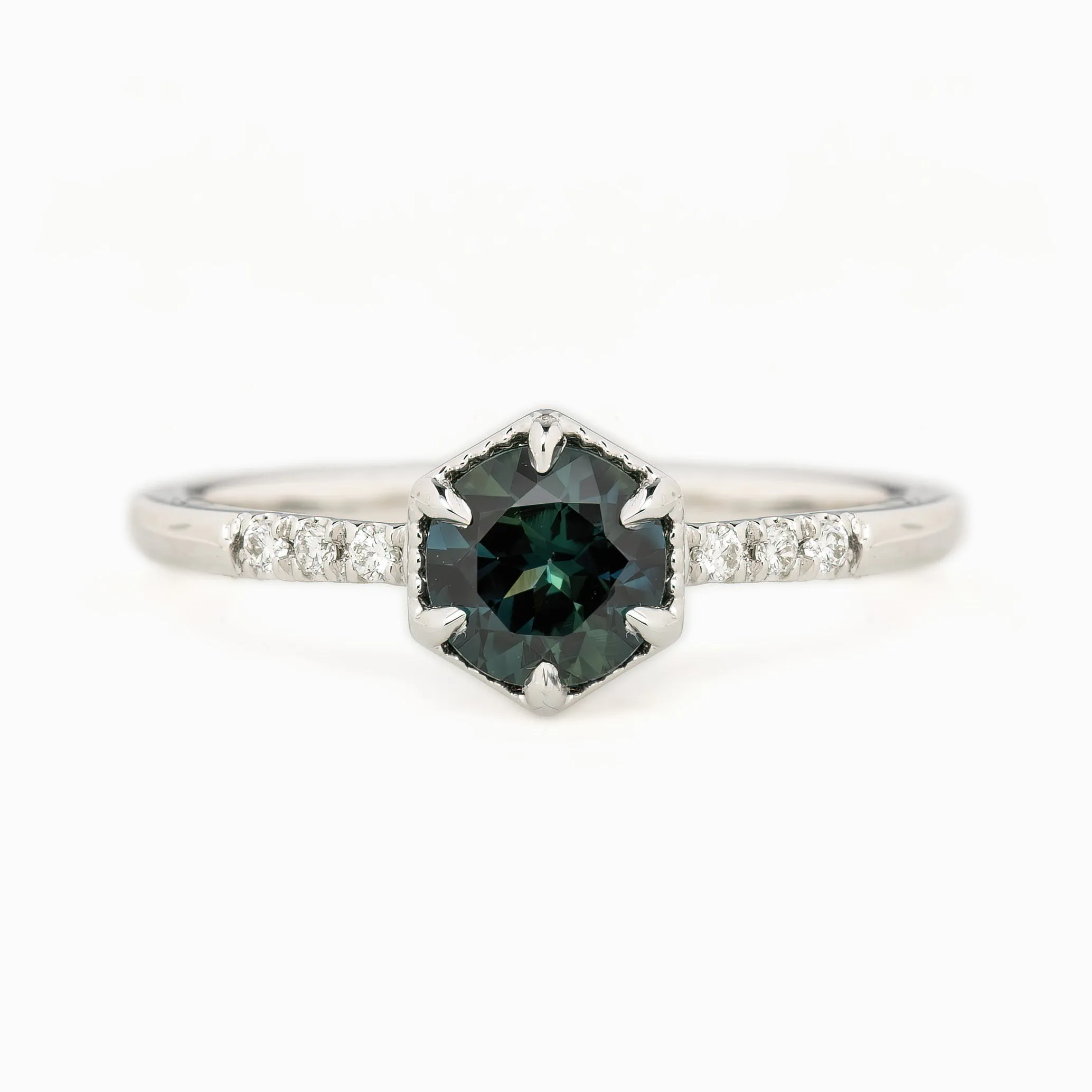 Grace Ring 5.5mm 0.82ct Teal Blue Round Queensland Sapphire, 14k White Gold (One of a kind)