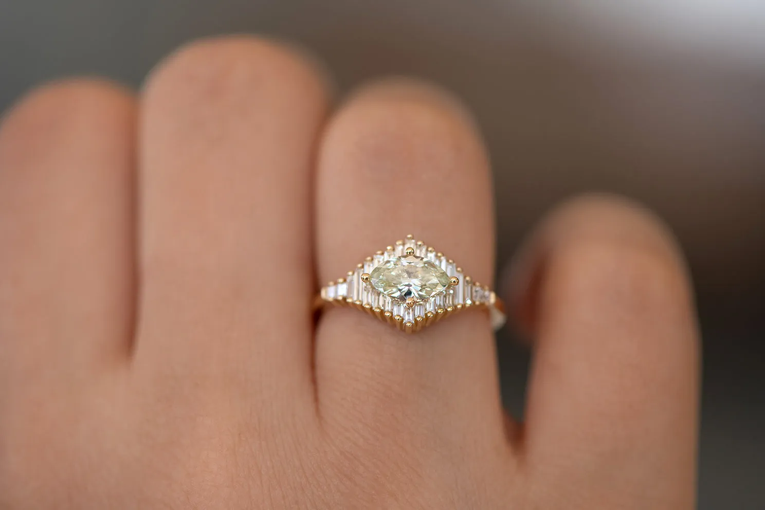 Green Diamond Engagement Ring with Baguette Diamonds - Fancy Color Diamond Ring