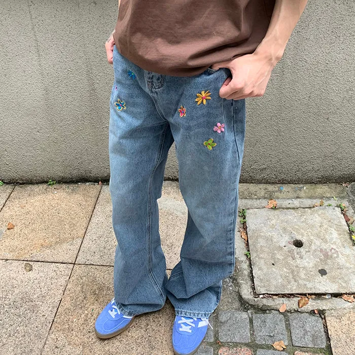 Indie Aesthetic Flower Embroidery Jeans