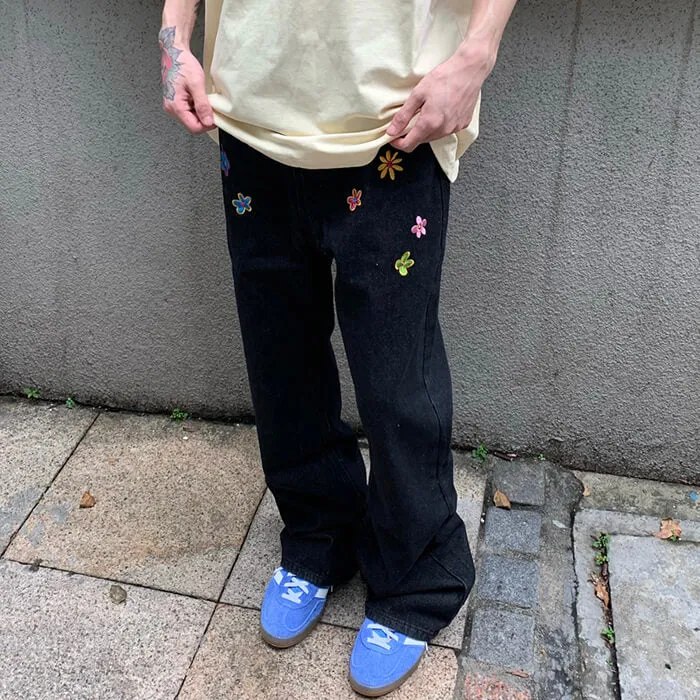 Indie Aesthetic Flower Embroidery Jeans