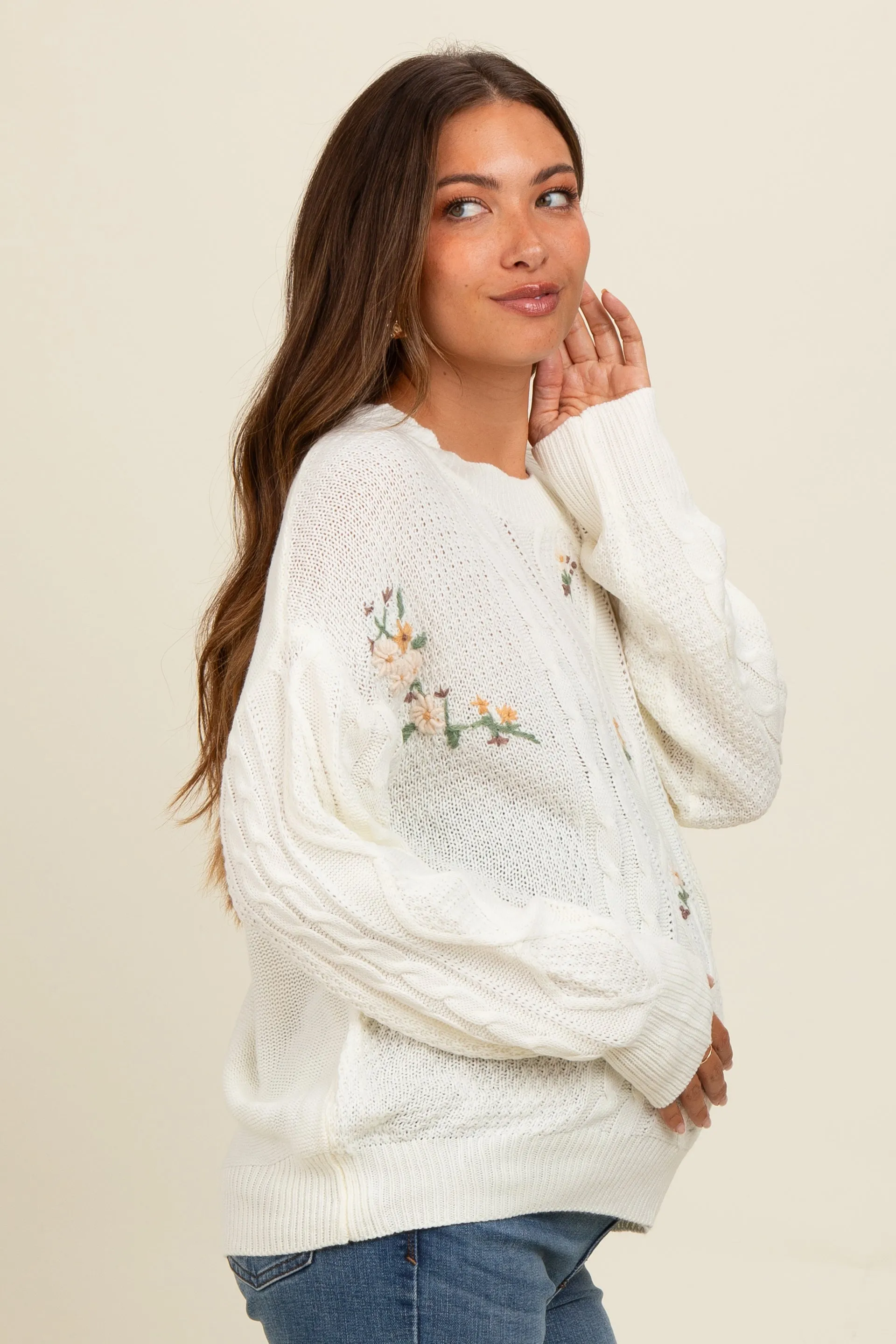 Ivory Embroidered Flower Cable Knit Maternity Sweater