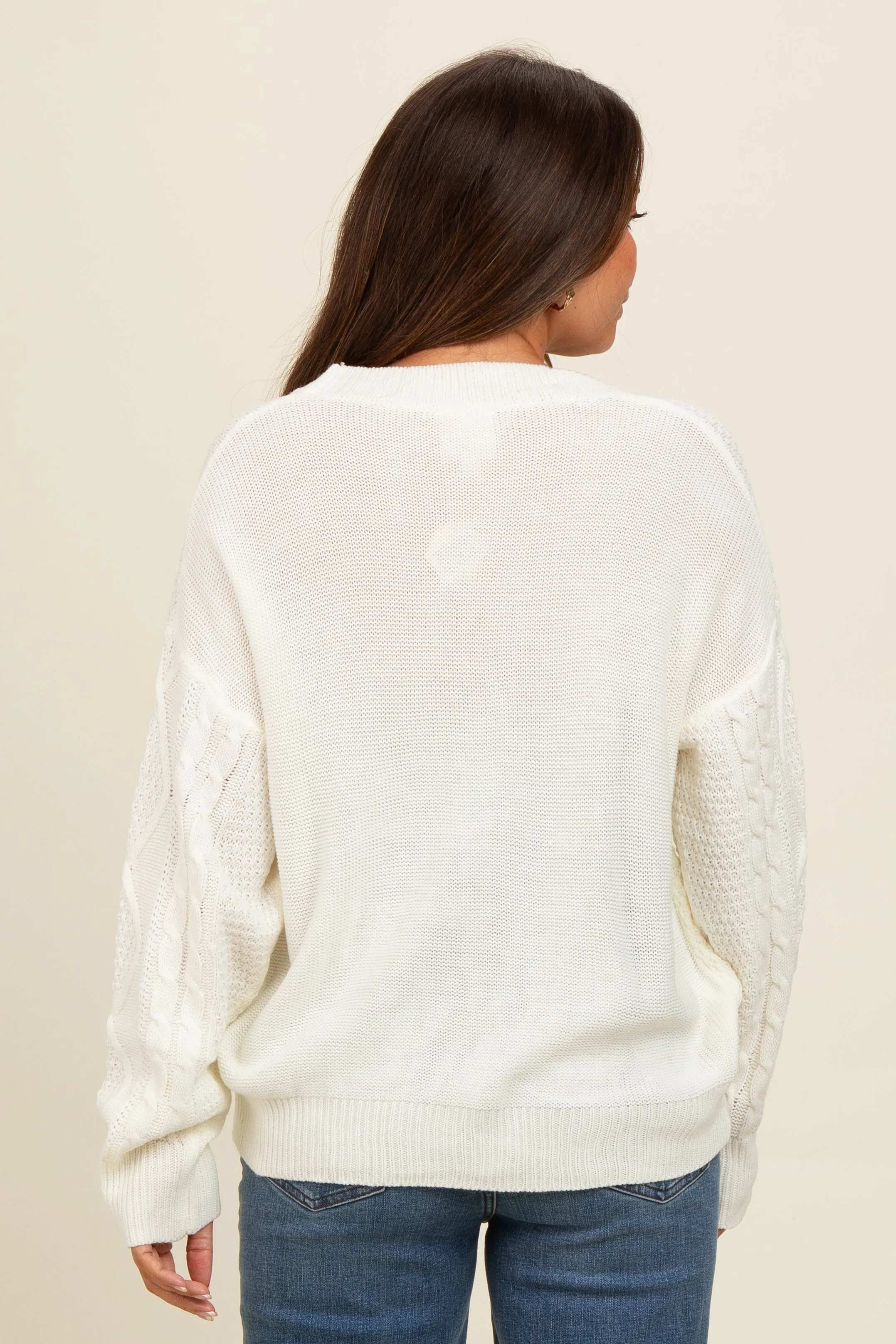 Ivory Embroidered Flower Cable Knit Maternity Sweater