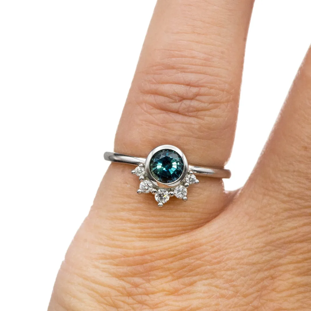 Juno - Bezel Set Round Teal Blue Sapphire Platinum Engagement Ring with Diamond Half Halo Accents