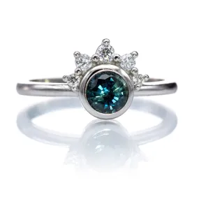 Juno - Bezel Set Round Teal Blue Sapphire Platinum Engagement Ring with Diamond Half Halo Accents