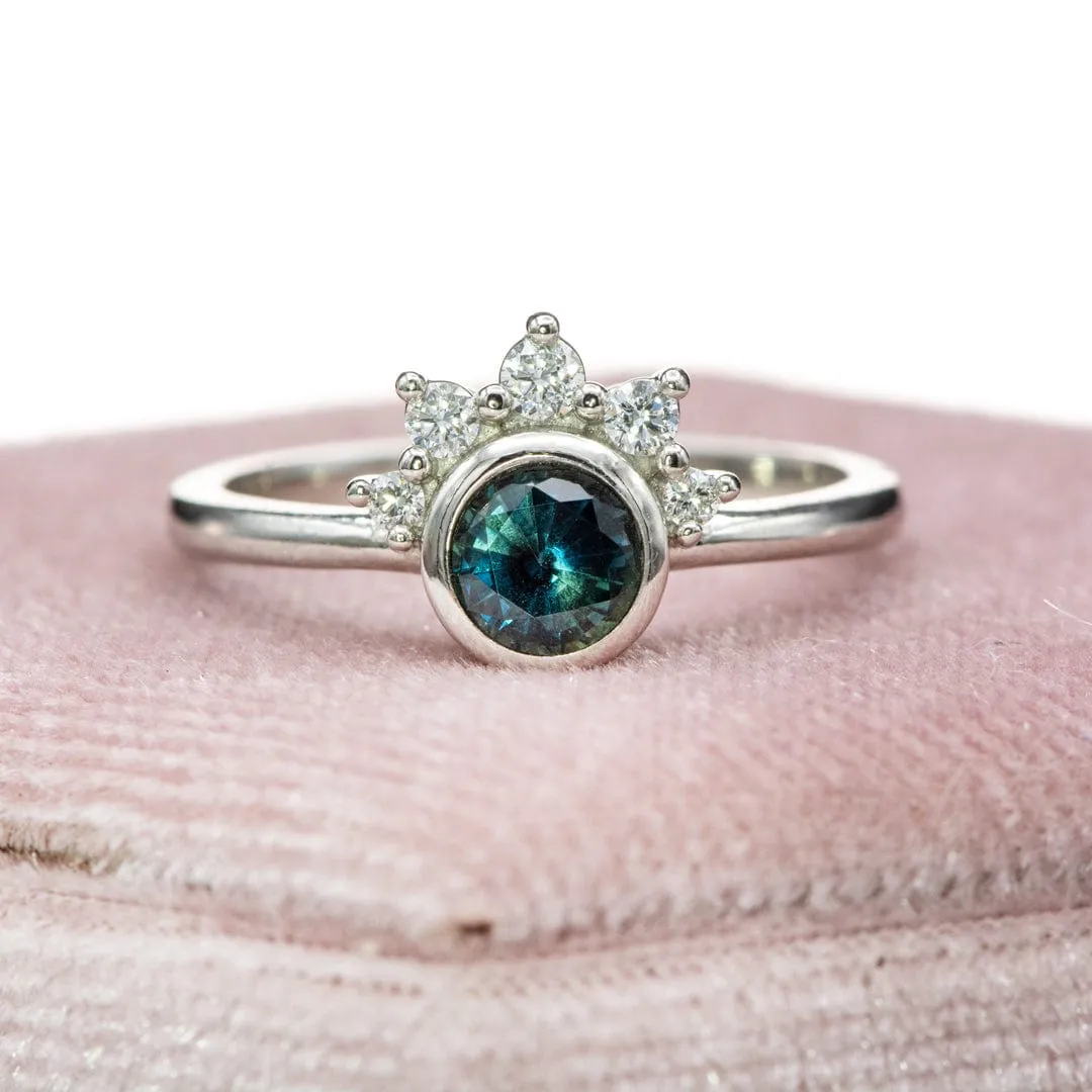 Juno - Bezel Set Round Teal Blue Sapphire Platinum Engagement Ring with Diamond Half Halo Accents