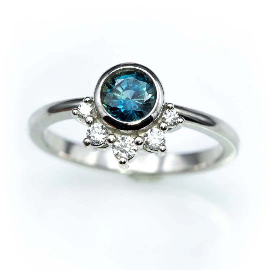 Juno - Bezel Set Round Teal Blue Sapphire Platinum Engagement Ring with Diamond Half Halo Accents