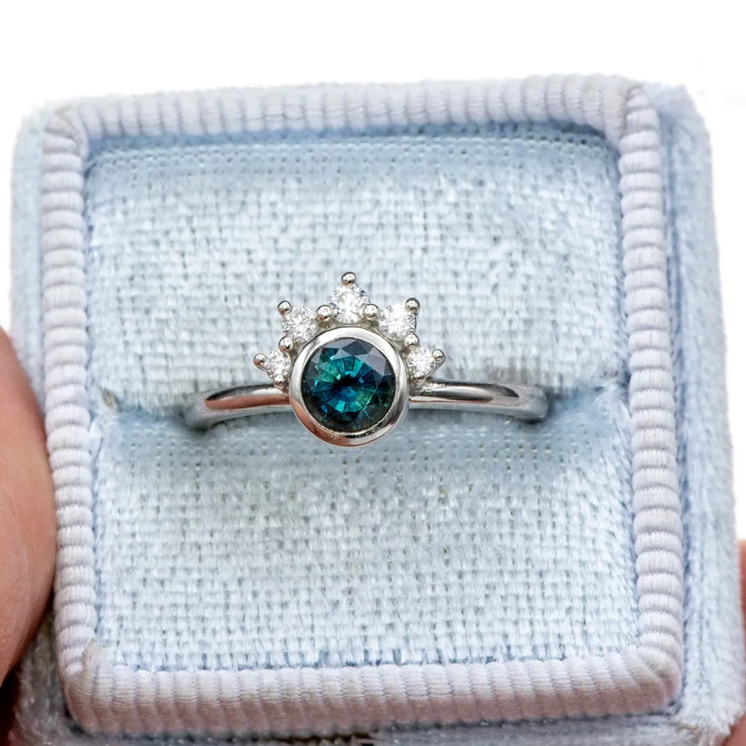 Juno - Bezel Set Round Teal Blue Sapphire Platinum Engagement Ring with Diamond Half Halo Accents