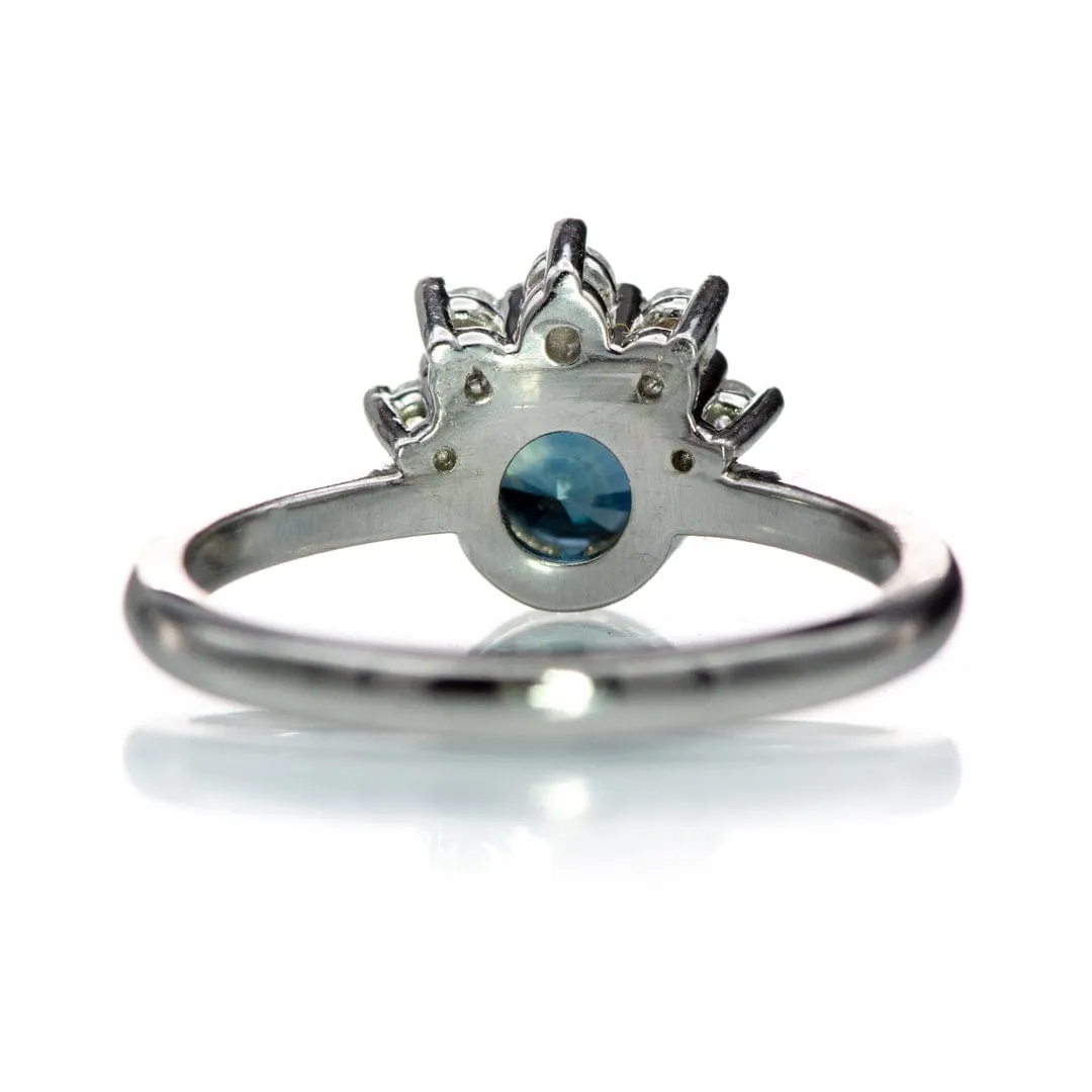 Juno - Bezel Set Round Teal Blue Sapphire Platinum Engagement Ring with Diamond Half Halo Accents