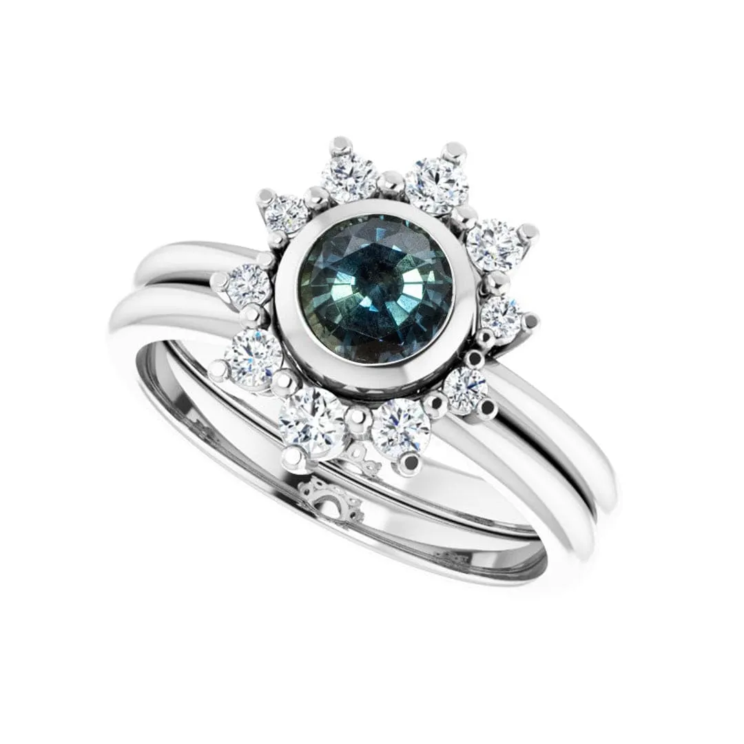 Juno - Bezel Set Round Teal Blue Sapphire Platinum Engagement Ring with Diamond Half Halo Accents