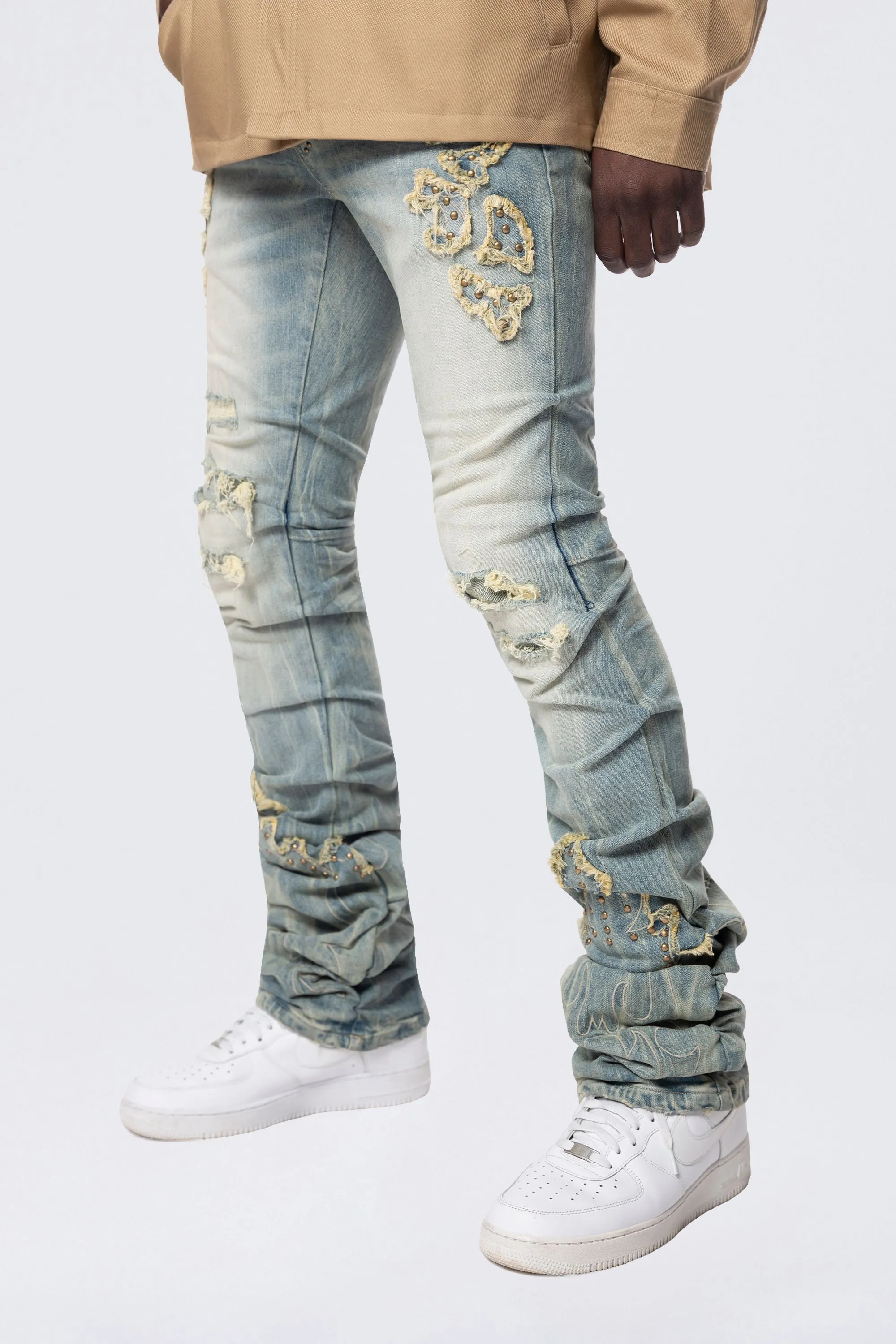 Lazy Stacked Western Studded Jeans - Milky Blue