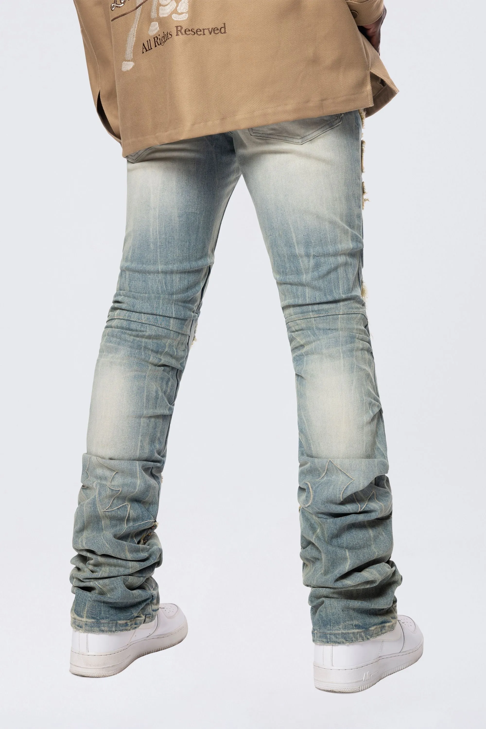 Lazy Stacked Western Studded Jeans - Milky Blue