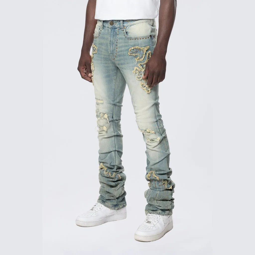 Lazy Stacked Western Studded Jeans - Milky Blue