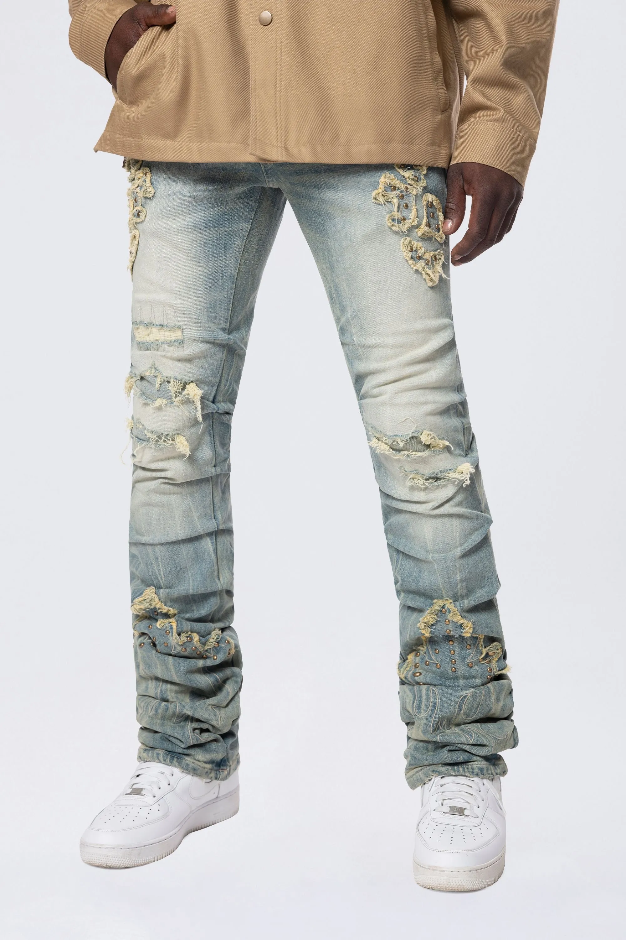 Lazy Stacked Western Studded Jeans - Milky Blue