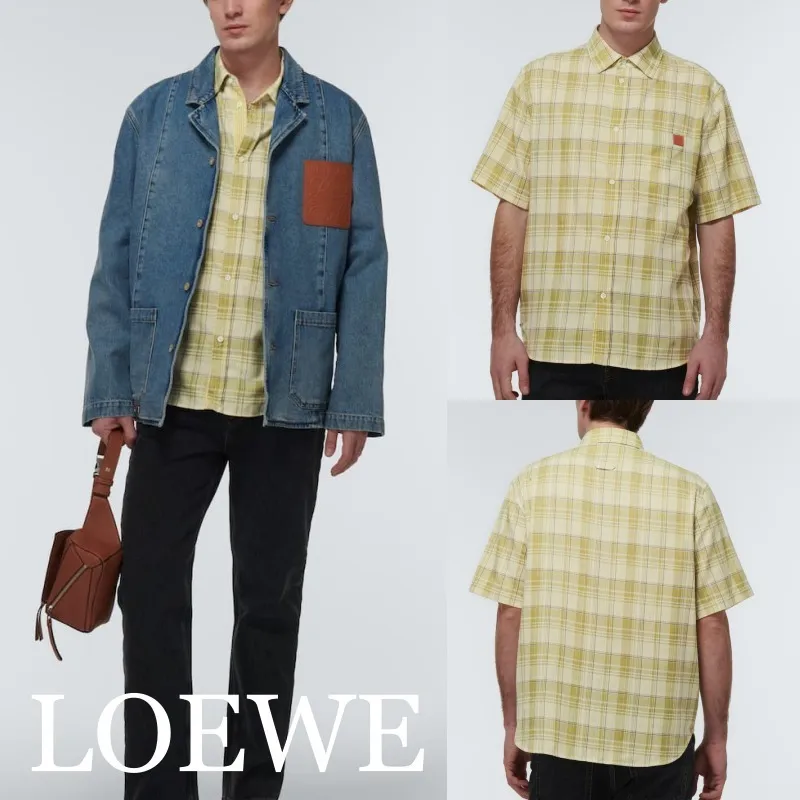 LOEWE  |Gingham Unisex Street Style Leather Cotton Short Sleeves