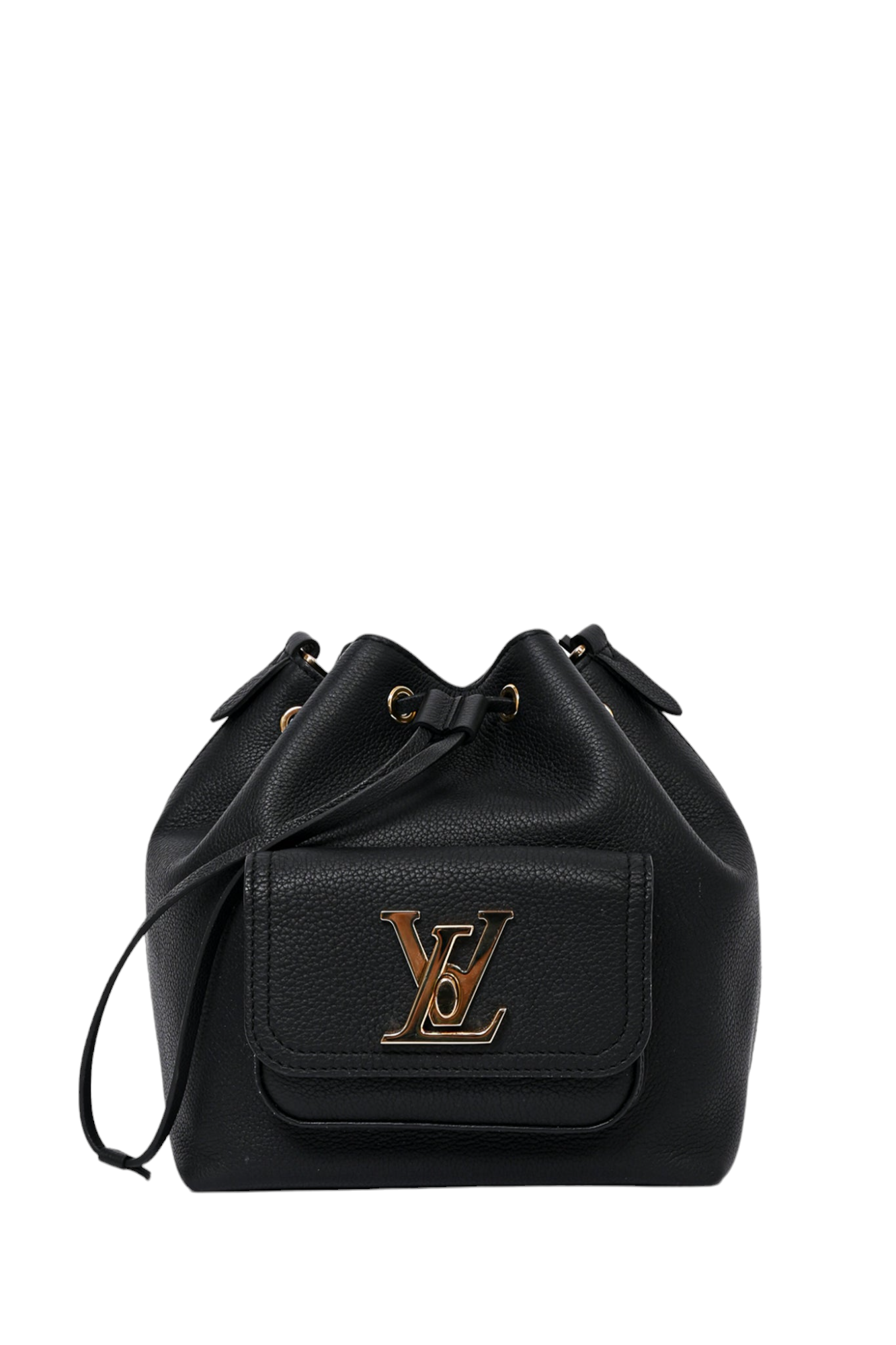 Louis Vuitton Black Leather 'Lock Me' MM Drawstring Bucket Bag