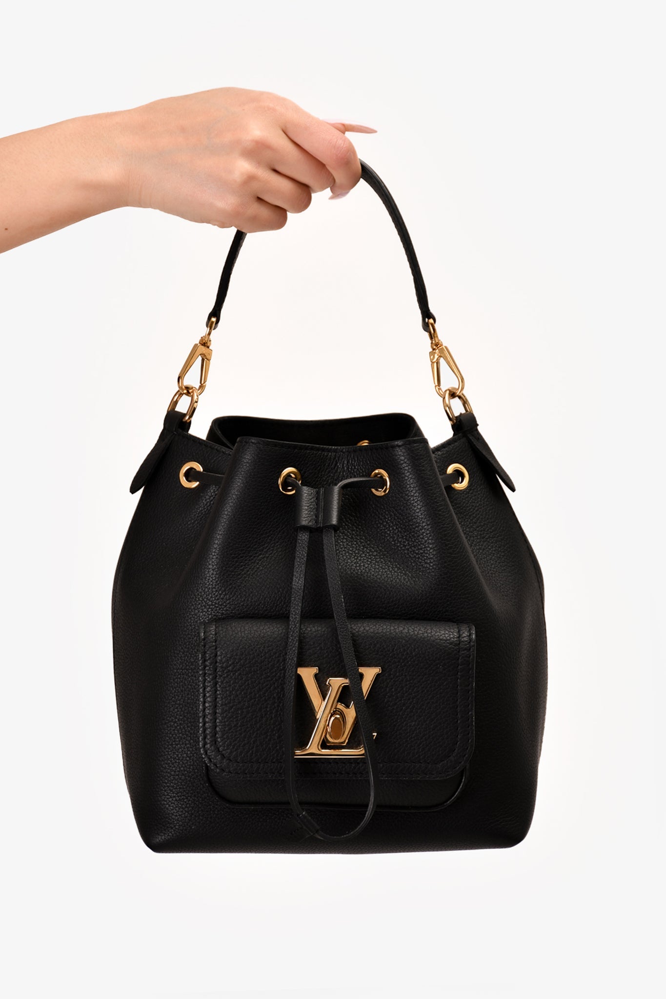 Louis Vuitton Black Leather 'Lock Me' MM Drawstring Bucket Bag