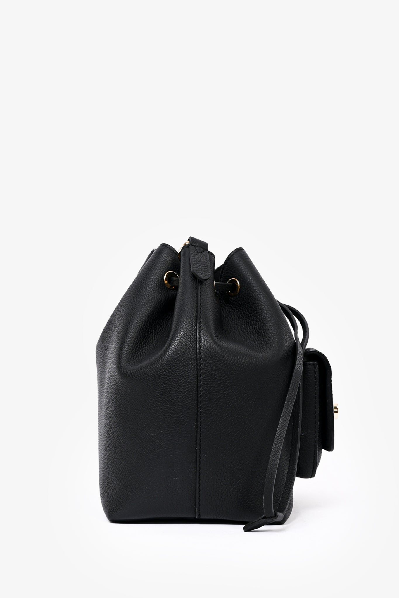 Louis Vuitton Black Leather 'Lock Me' MM Drawstring Bucket Bag