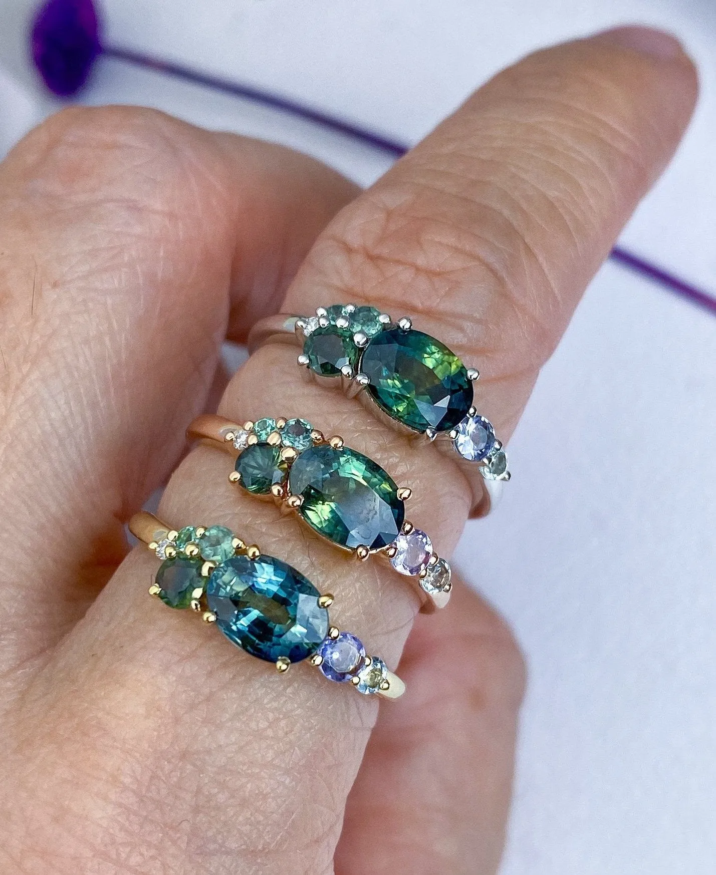 Made-to-Order Teal Blue Green Montana Sapphire Cluster Ring 14K Gold AD1495C