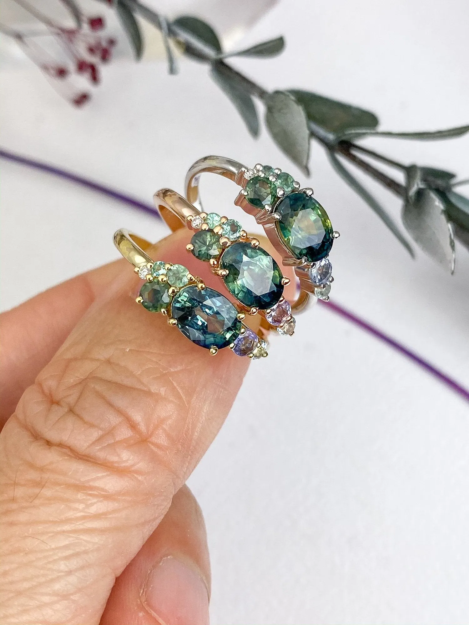 Made-to-Order Teal Blue Green Montana Sapphire Cluster Ring 14K Gold AD1495C