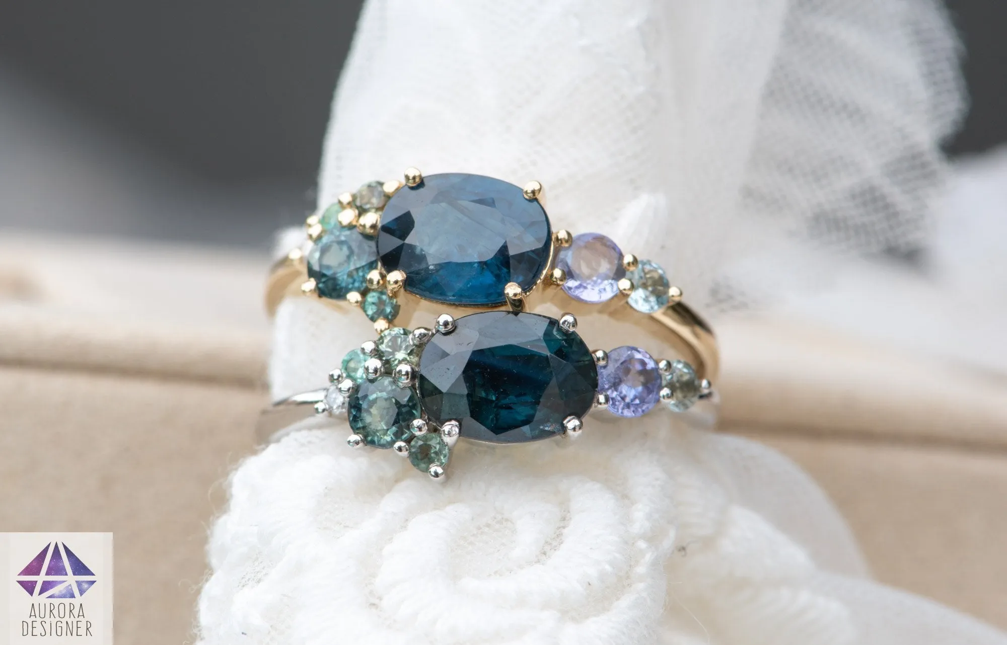 Made-to-Order Teal Blue Green Montana Sapphire Cluster Ring 14K Gold AD1495C