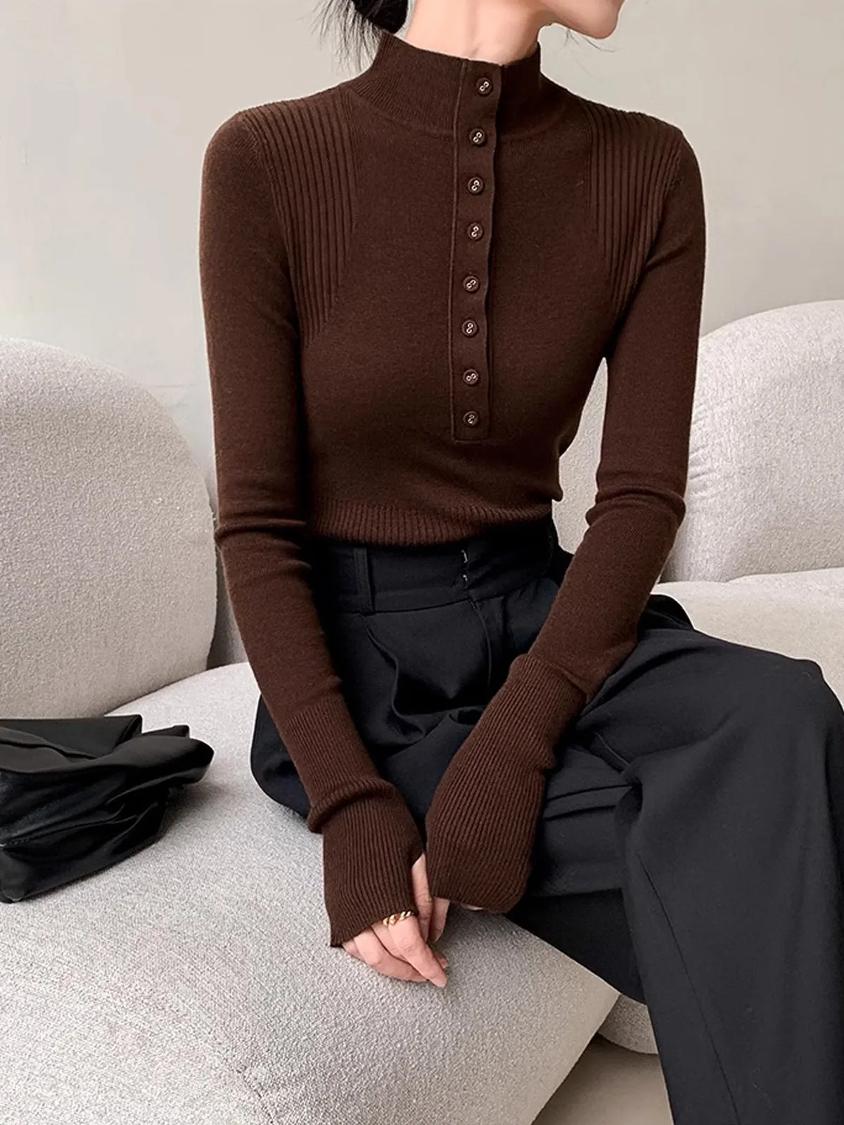 Mock Neck Breasted Slim Sweater