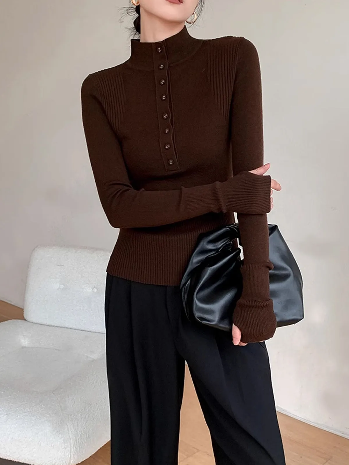 Mock Neck Breasted Slim Sweater