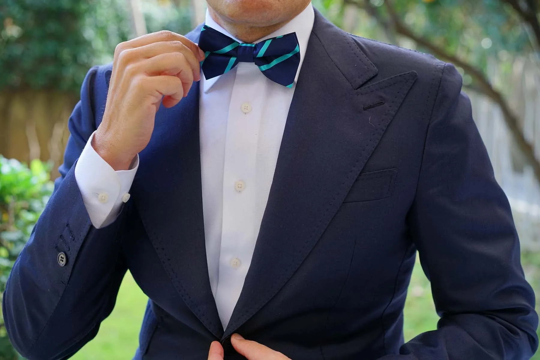 Navy Blue Bow Tie with Teal Stripe