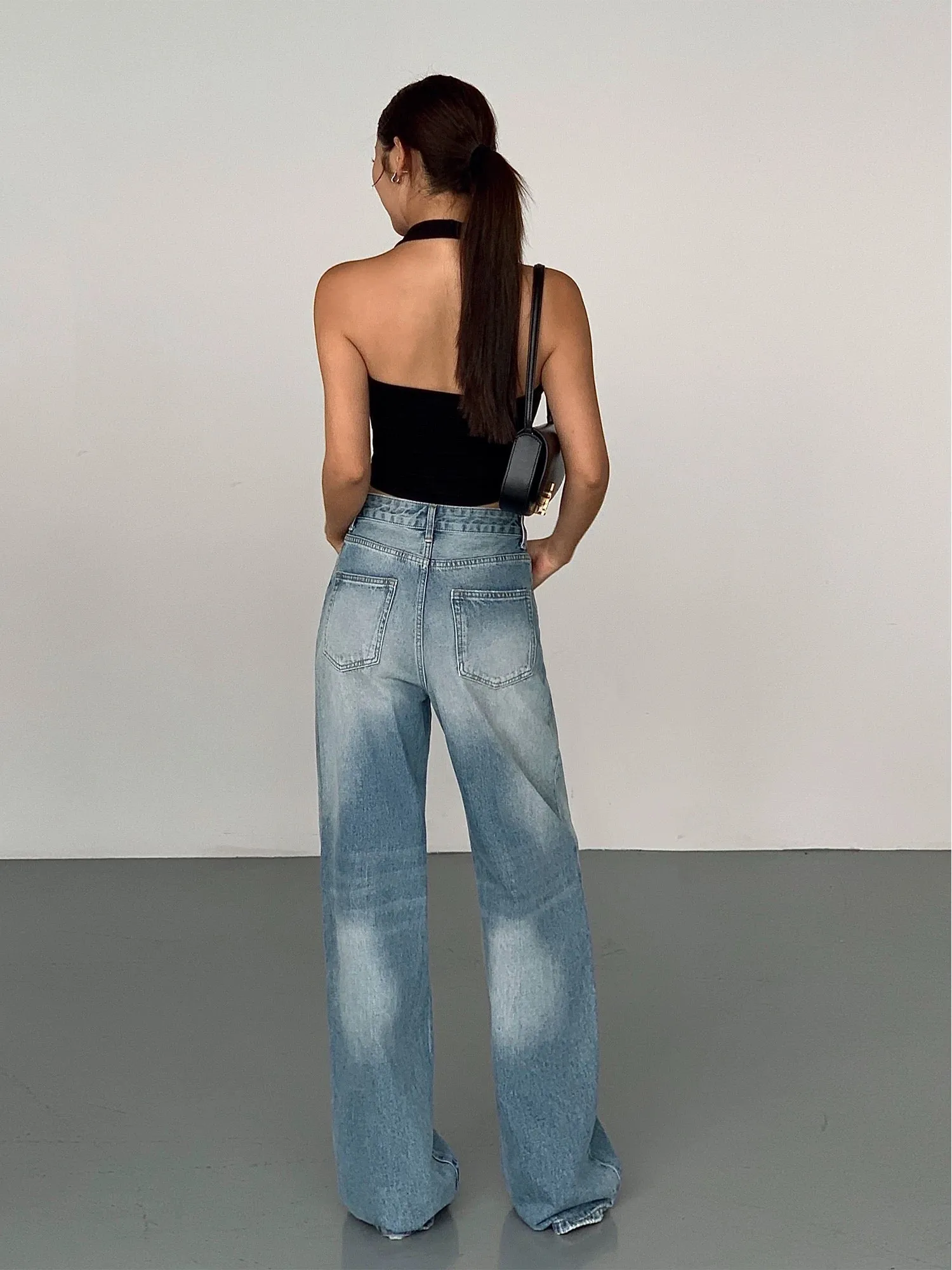 NEVA HU blue retro wide-leg jeans for women 2024 new high-waisted slimming loose floor-length straight casual