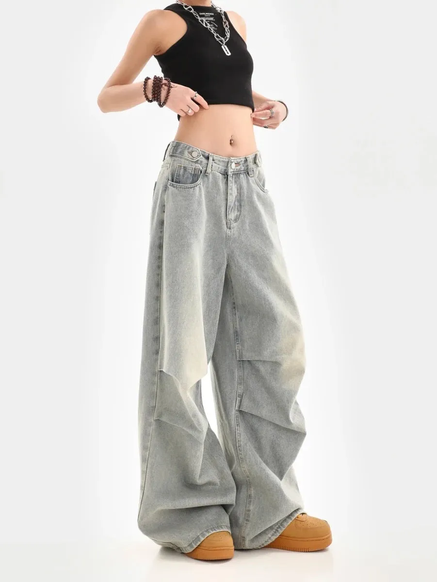 Niche design pleated wide-leg jeans for women in autumn, washed and distressed, loose, drapey, straight-leg floor-length mopping