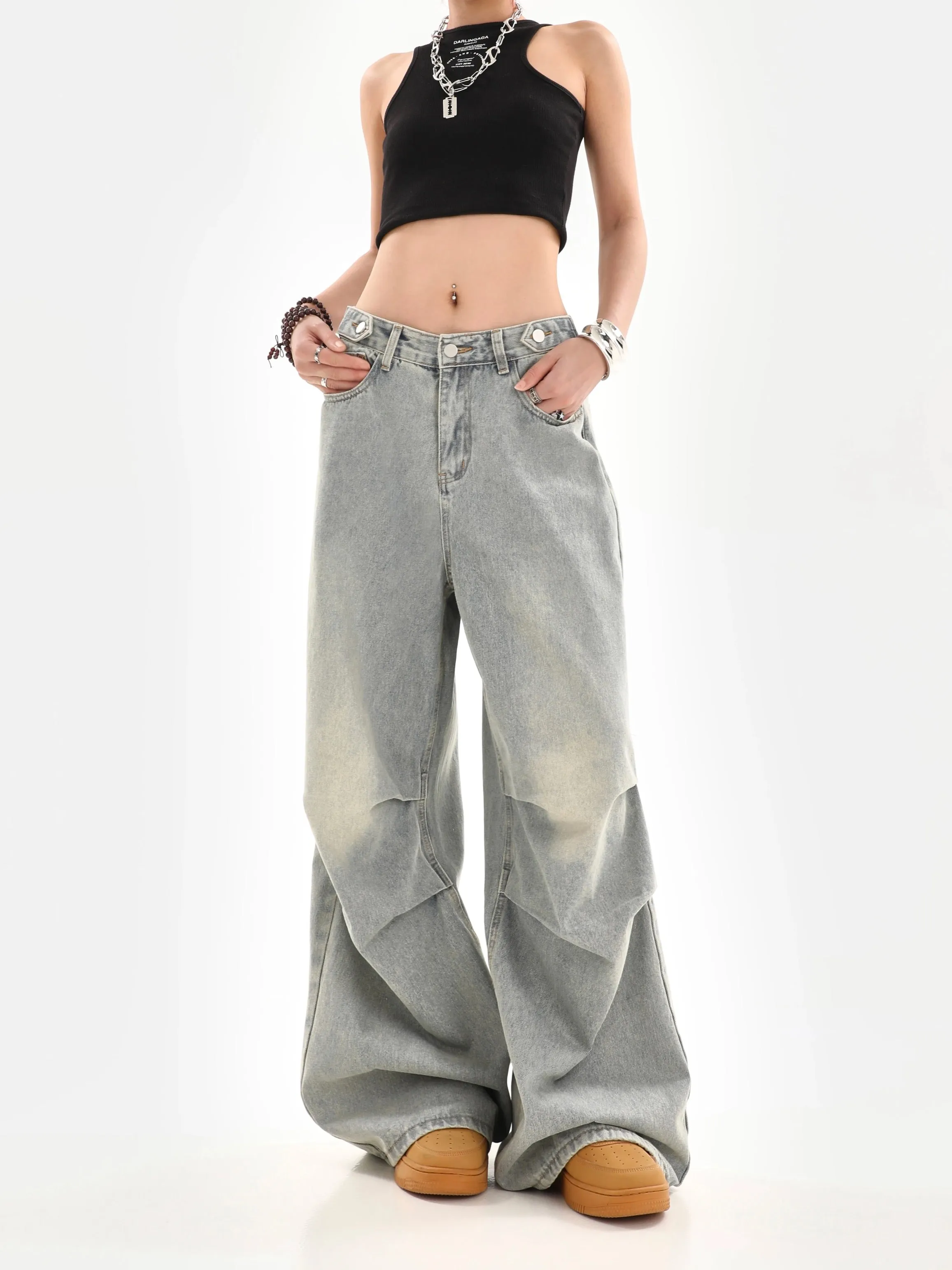 Niche design pleated wide-leg jeans for women in autumn, washed and distressed, loose, drapey, straight-leg floor-length mopping