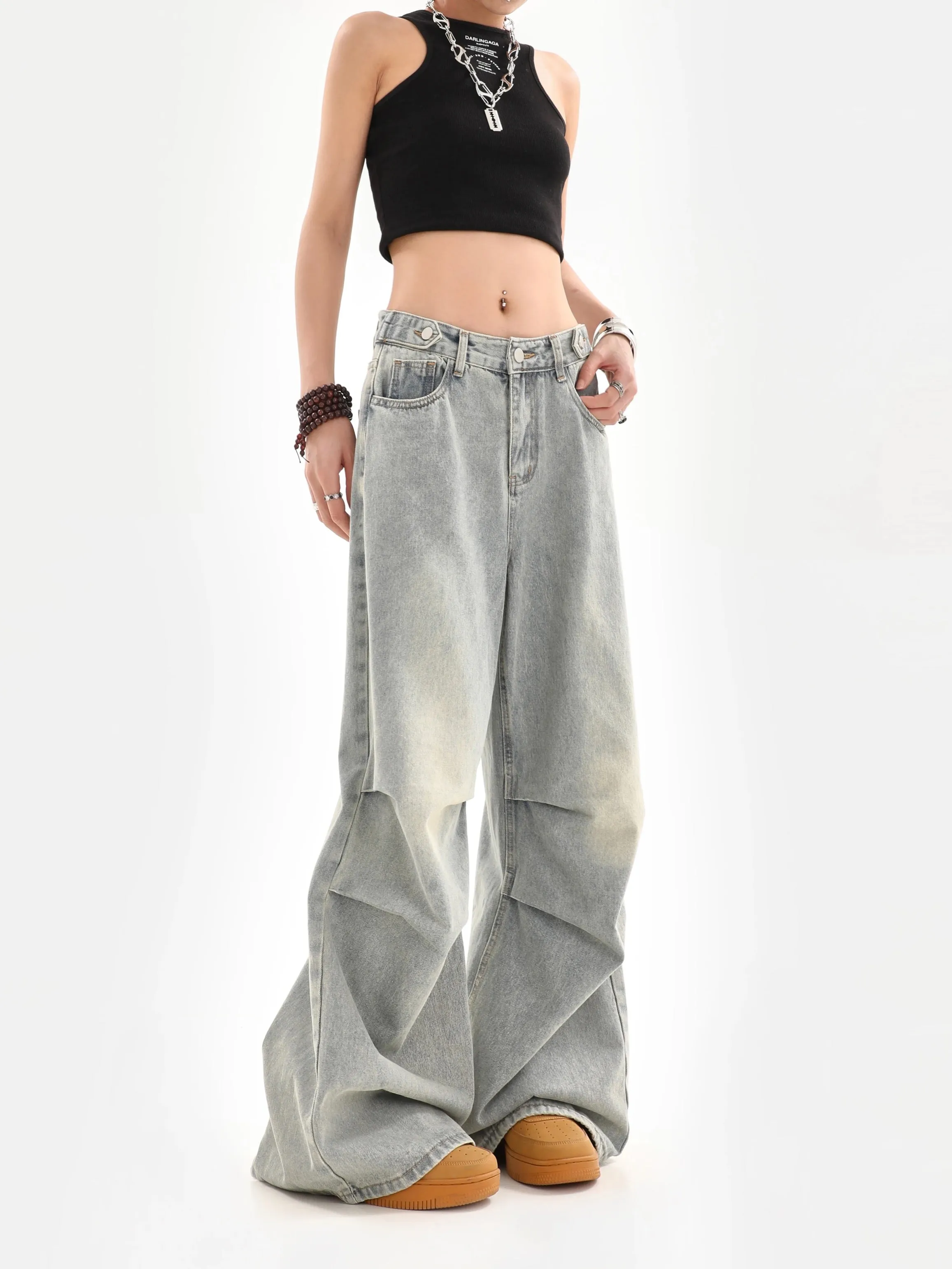 Niche design pleated wide-leg jeans for women in autumn, washed and distressed, loose, drapey, straight-leg floor-length mopping