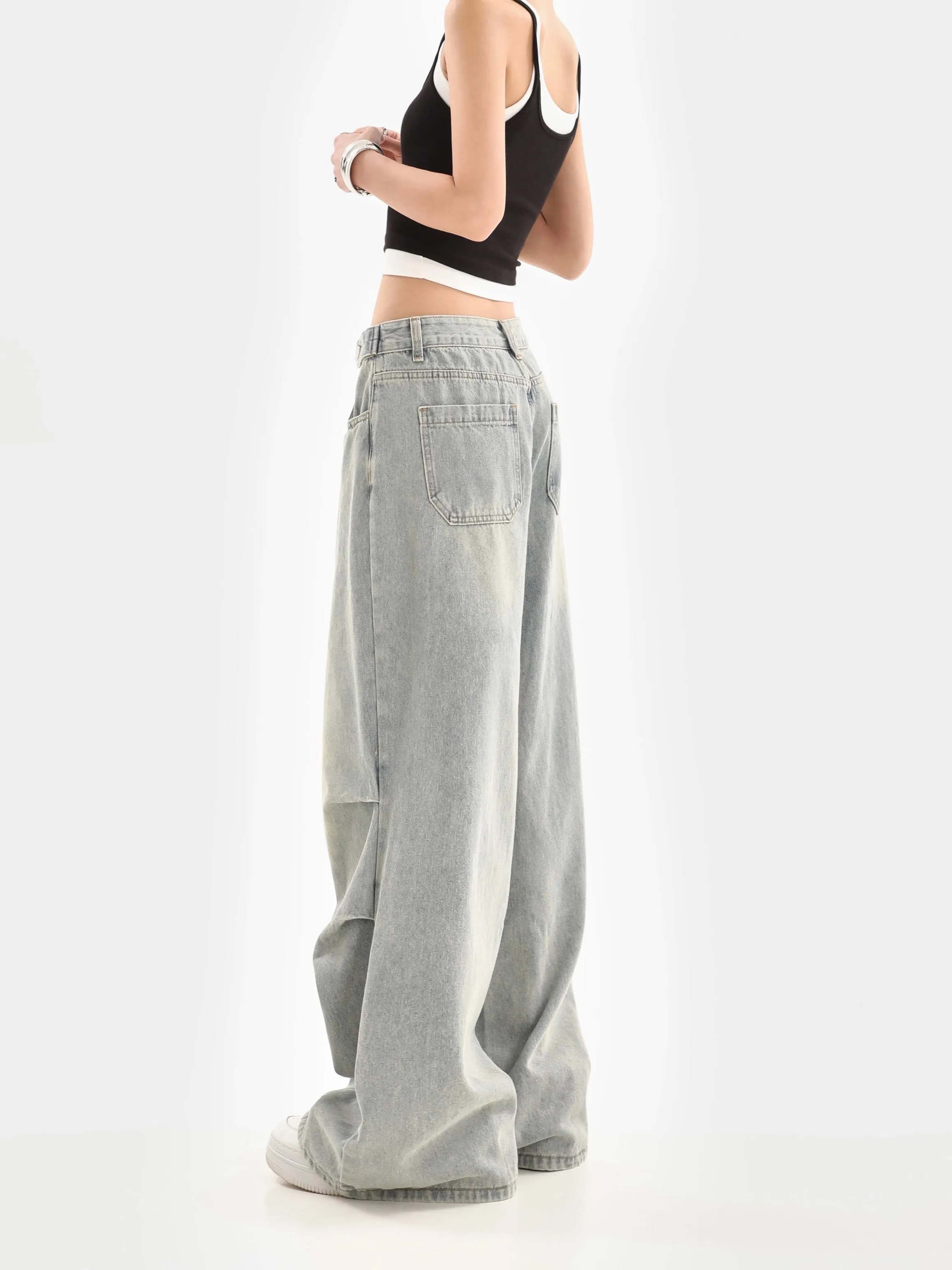 Niche design pleated wide-leg jeans for women in autumn, washed and distressed, loose, drapey, straight-leg floor-length mopping