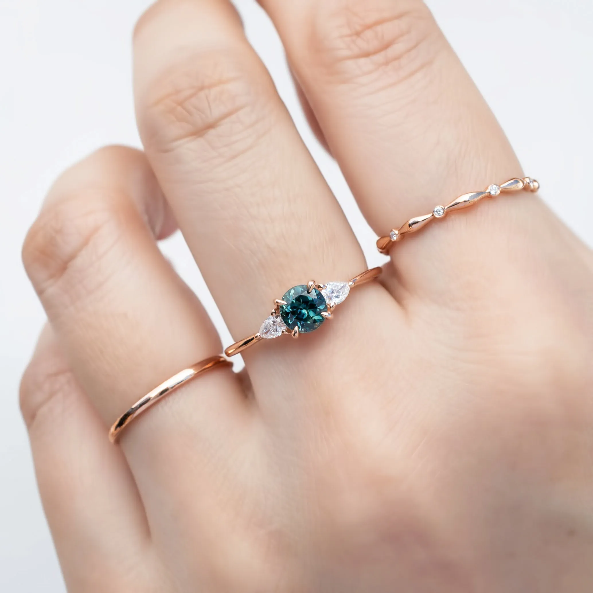 Olivia Ring Teal Blue Green Queensland Round Sapphire Ring, 14k Rose Gold