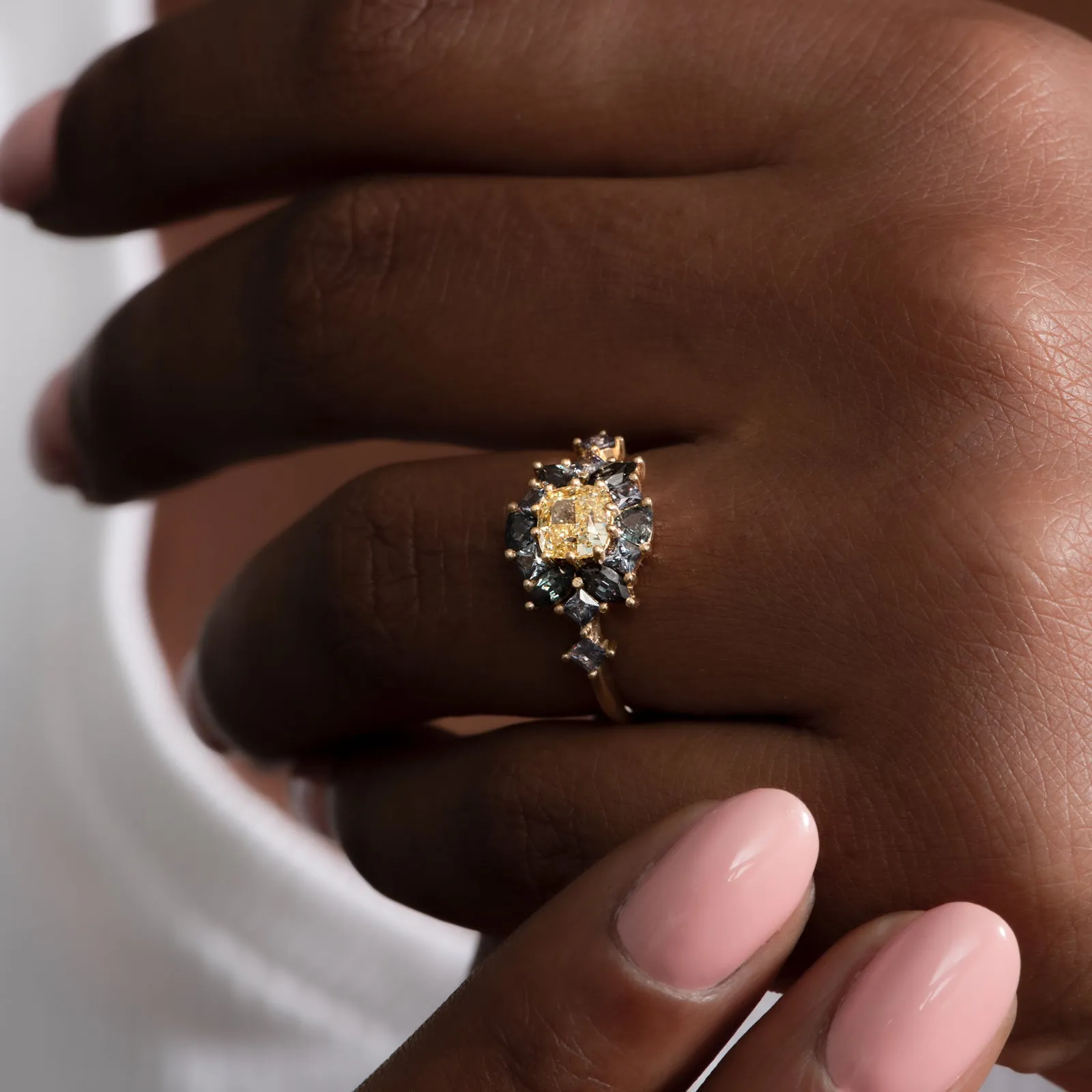 OOAK Color Change Garnet Engagement Ring with Fancy Yellow Diamond