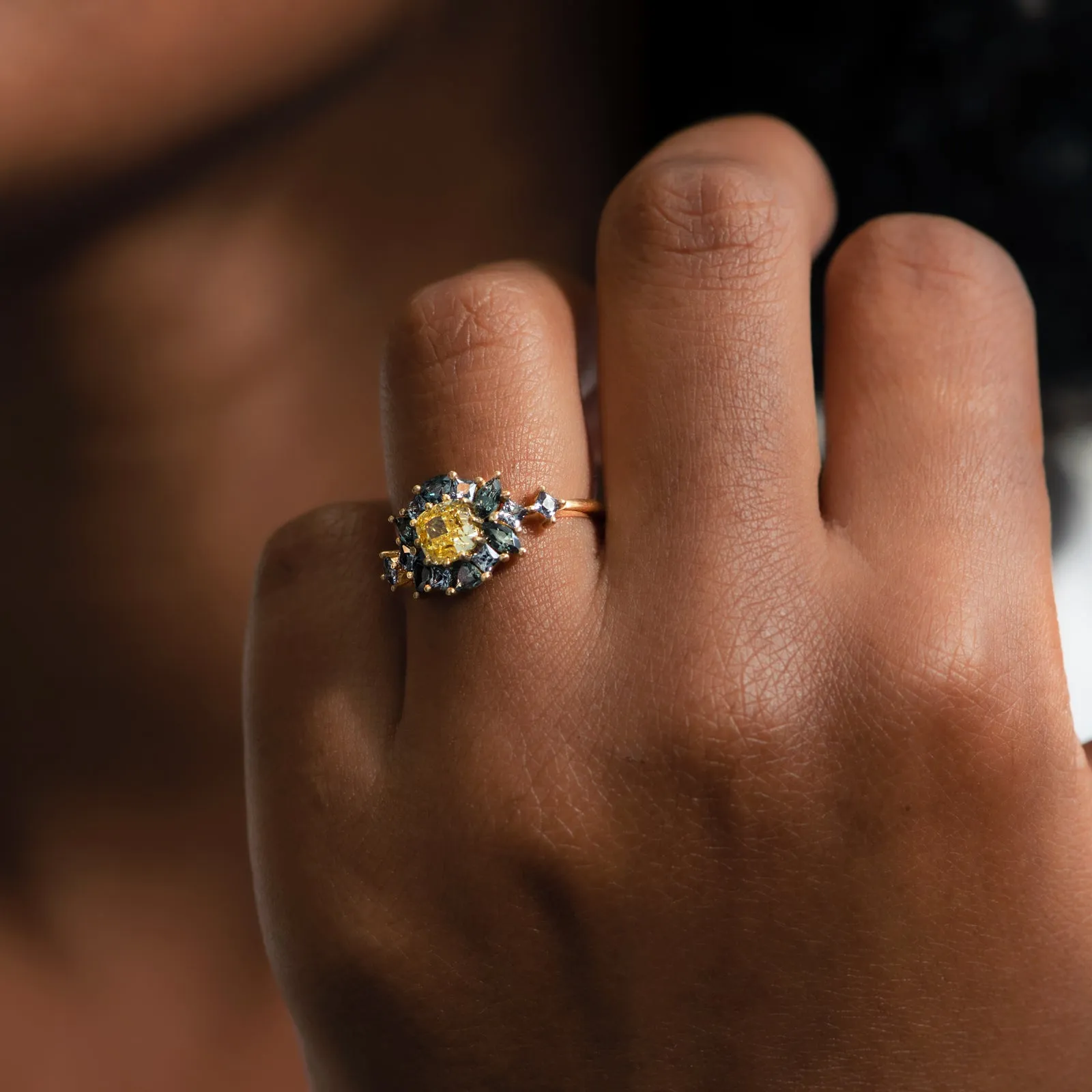 OOAK Color Change Garnet Engagement Ring with Fancy Yellow Diamond