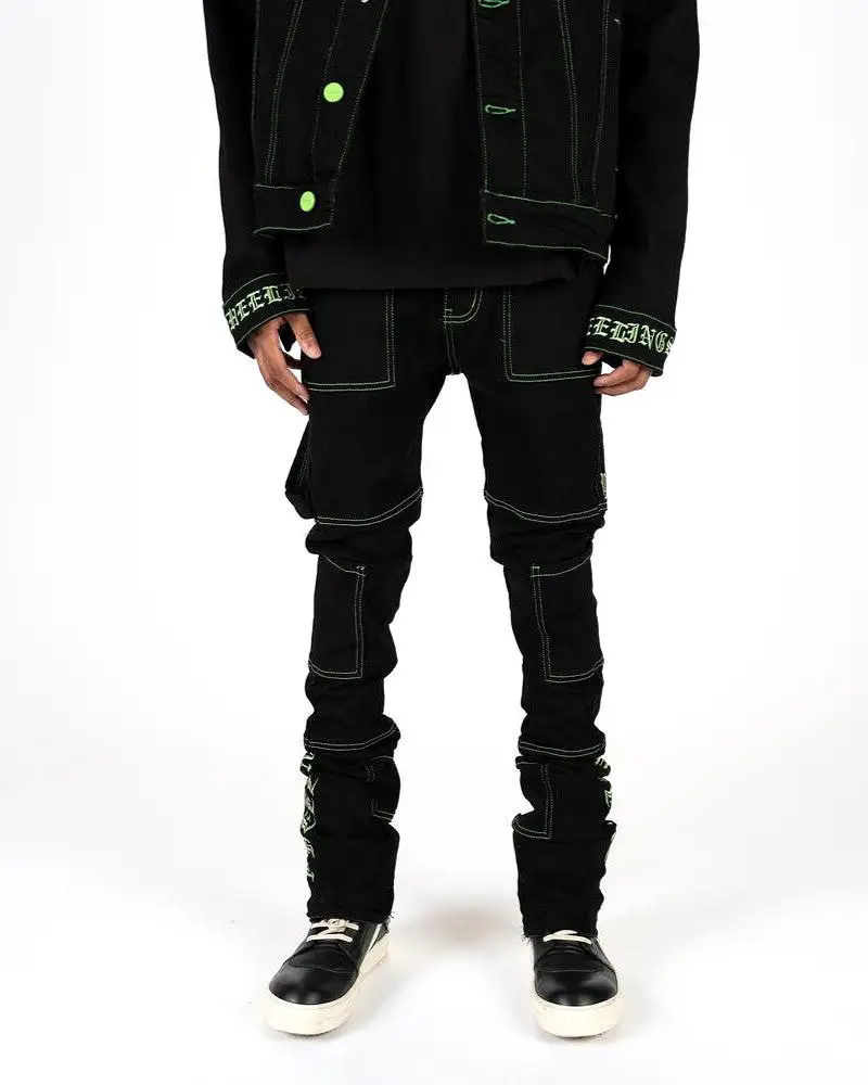 PHEELINGS DEFYING ODDS FLARE STACK DENIM (JET BLACK/LIME GREEN)