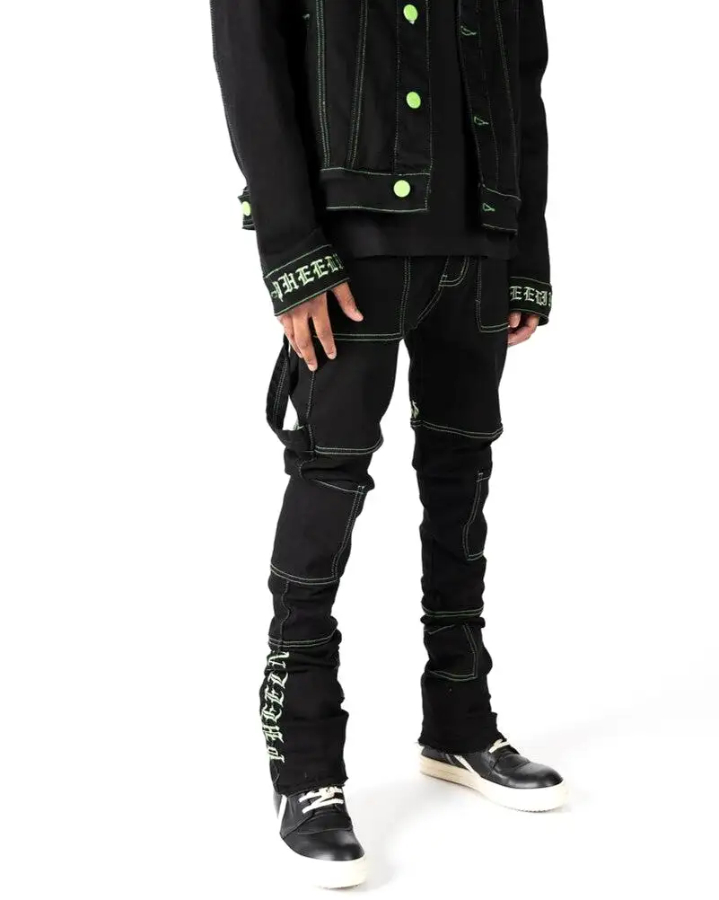 PHEELINGS DEFYING ODDS FLARE STACK DENIM (JET BLACK/LIME GREEN)