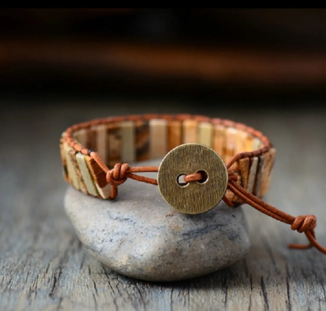 Picture Jasper Tubestone Leather Wrap Bracelet (Unisex)