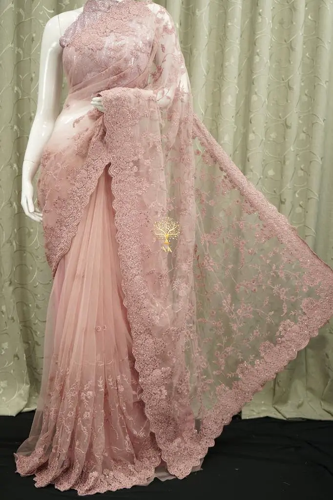 Pink  Beautiful designer soft net saree with chikankari work all over highlighted with diamond work-ANI001PP