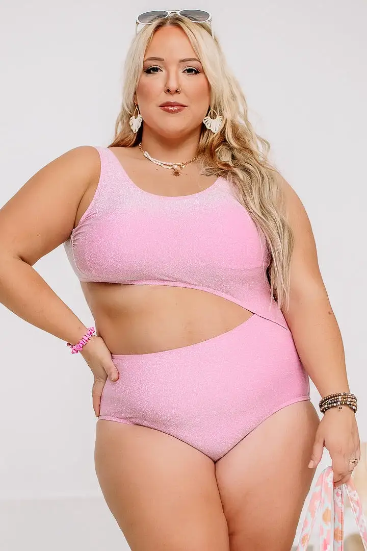 PINK SHIMMER SIDE CUT ONE PIECE SWIMWEAR