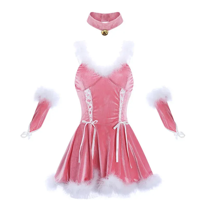 Pink Women Christmas Nightdress Sexy Lingerie Set Santa V-neck Dress Party Plush Erotic Costumes Cosplay Bunny Girl Cute Cloak