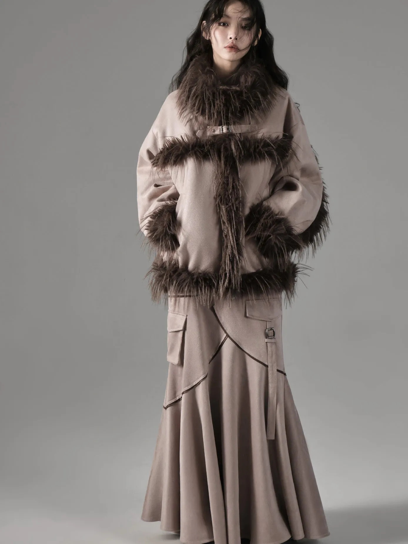 Plush Spliced Suede Touch Fur Coat