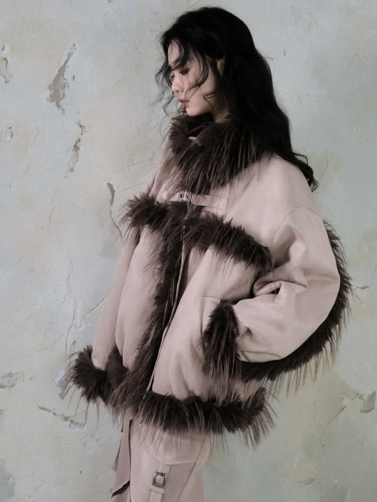 Plush Spliced Suede Touch Fur Coat