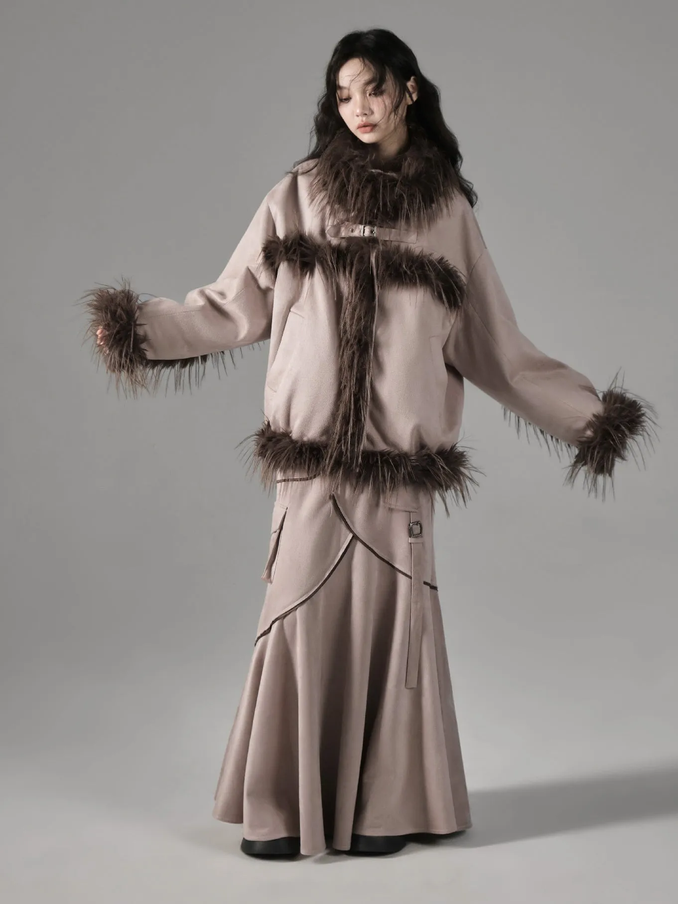 Plush Spliced Suede Touch Fur Coat