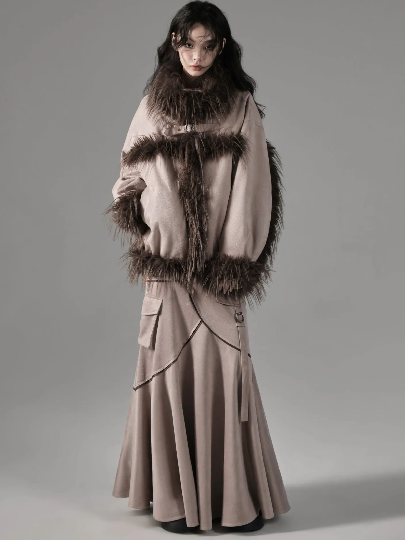 Plush Spliced Suede Touch Fur Coat