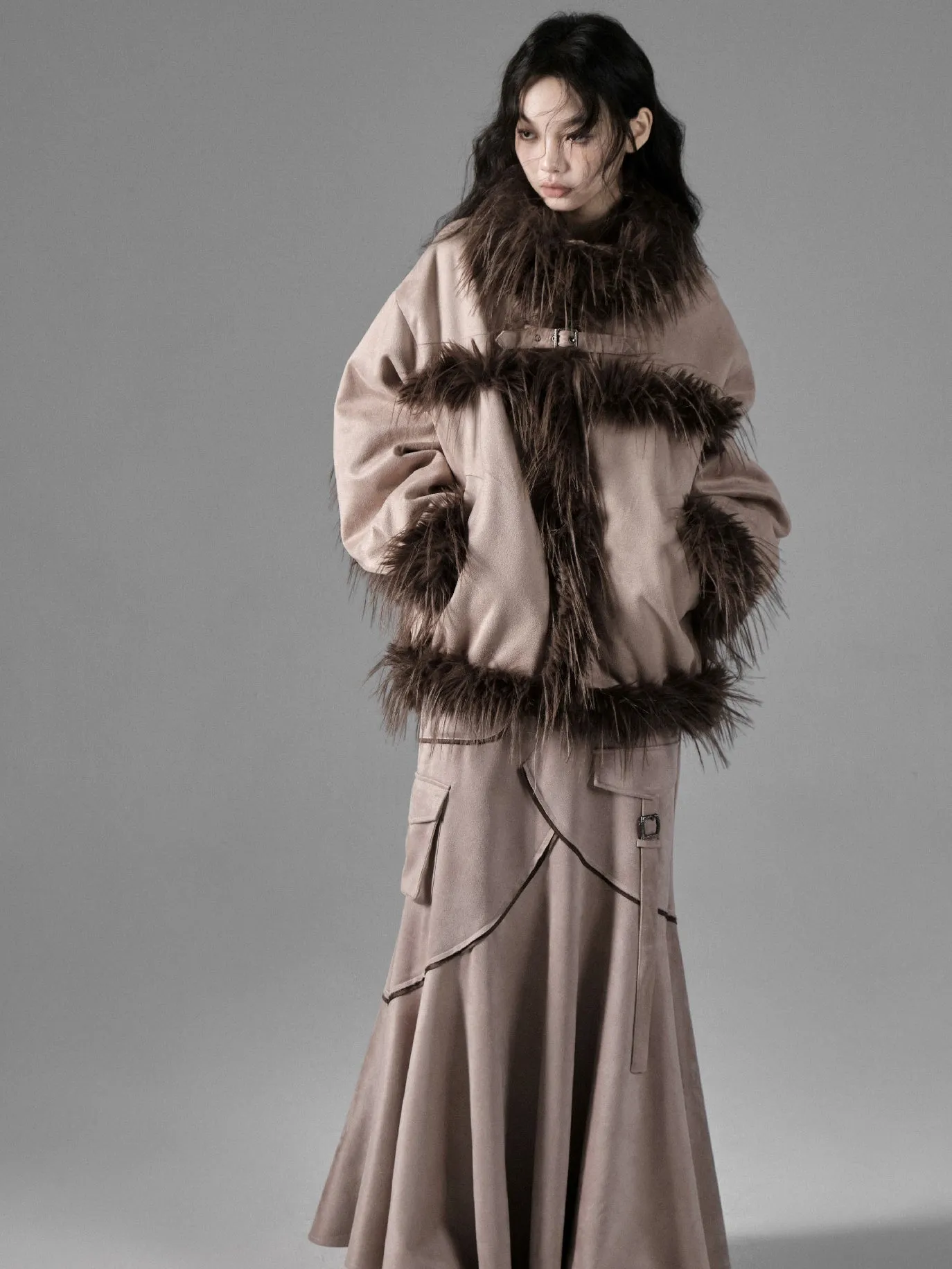 Plush Spliced Suede Touch Fur Coat