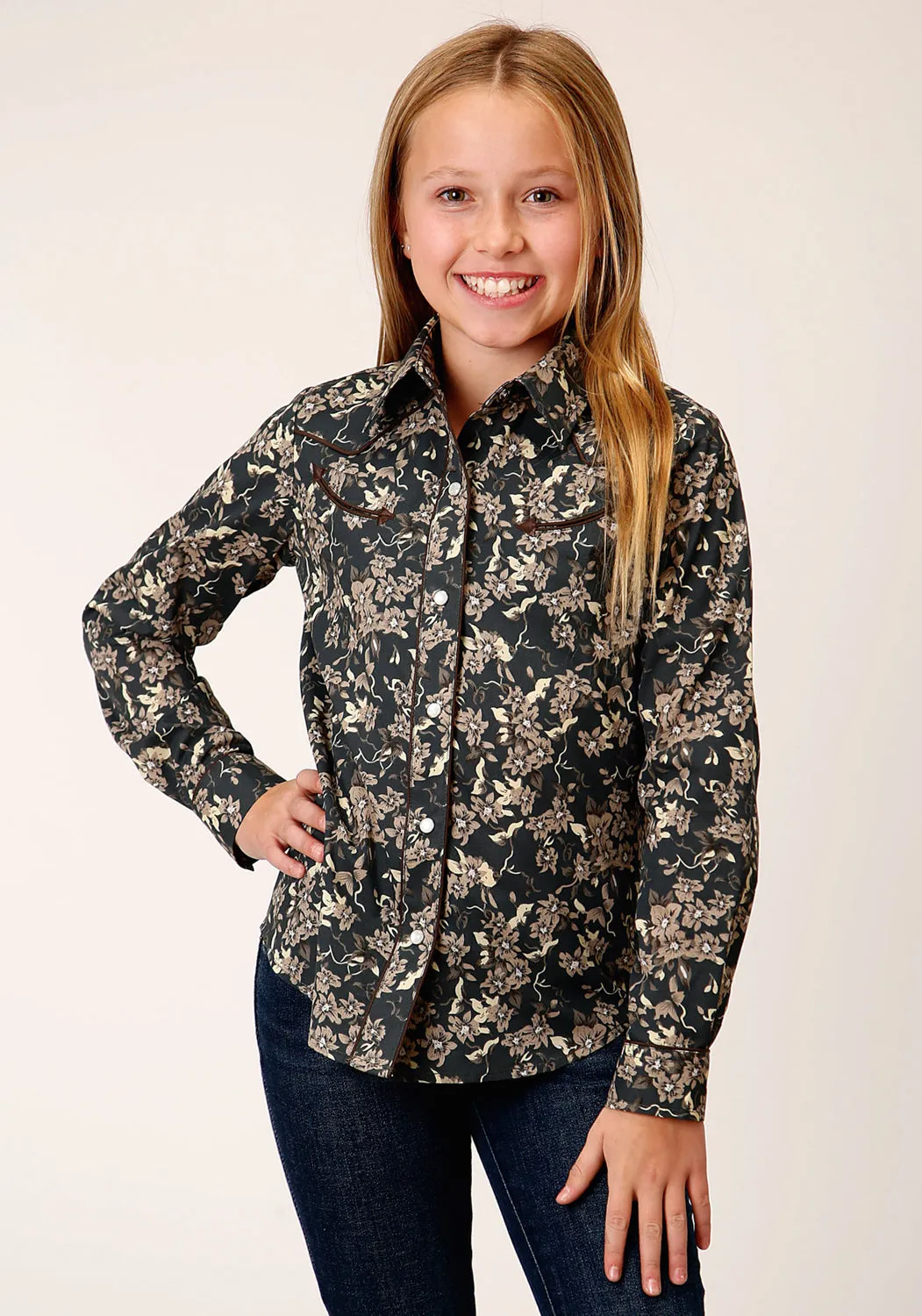 Roper Girls Vintage Dark Floral Black Cotton Blend L/S Shirt