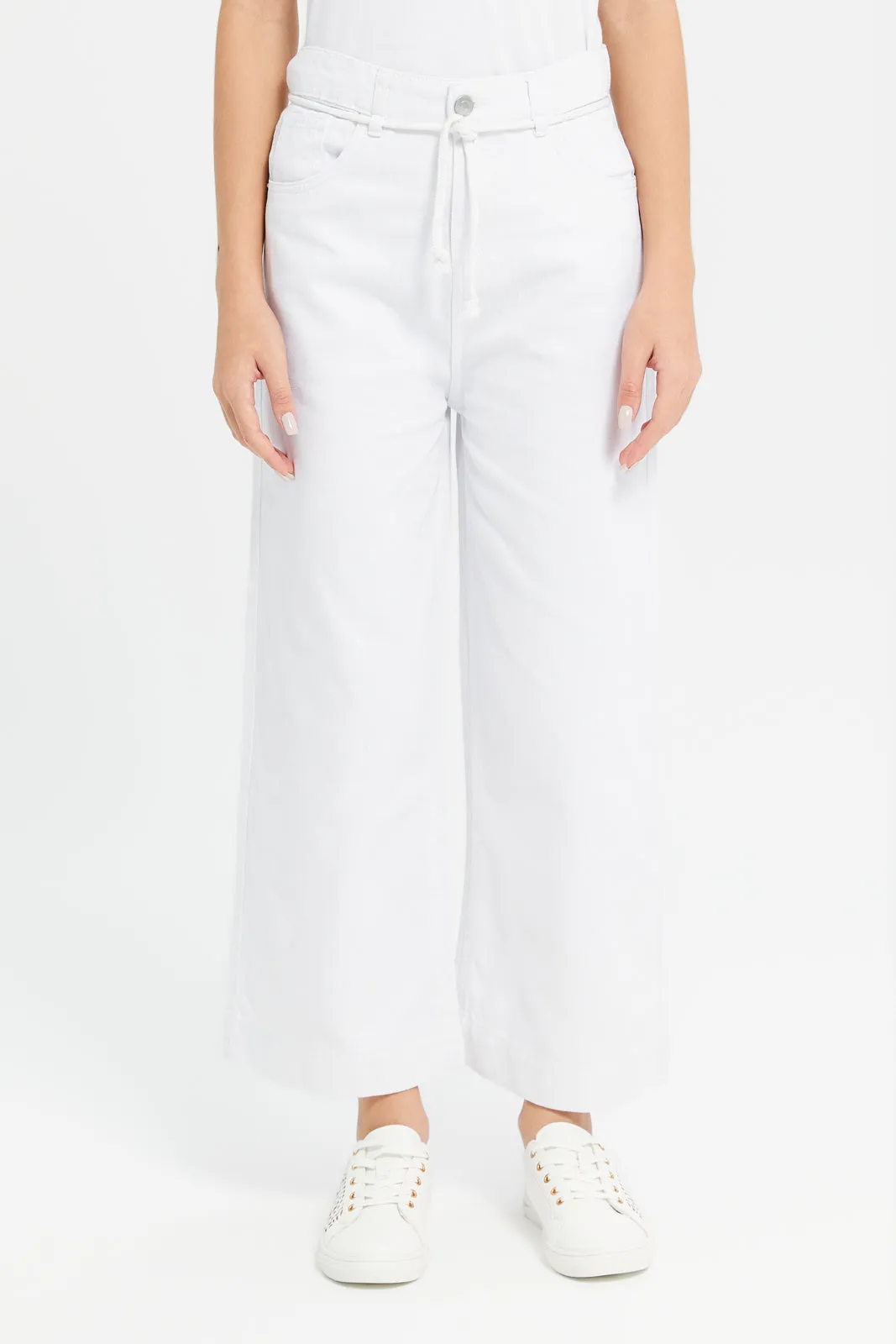 Senior Girls White Wide Leg Belted Pants