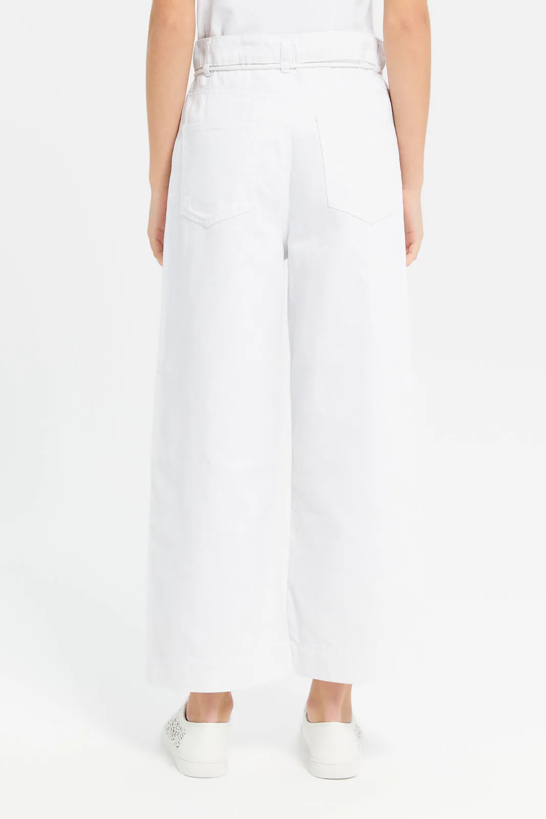 Senior Girls White Wide Leg Belted Pants